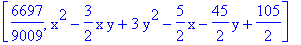 [6697/9009, x^2-3/2*x*y+3*y^2-5/2*x-45/2*y+105/2]